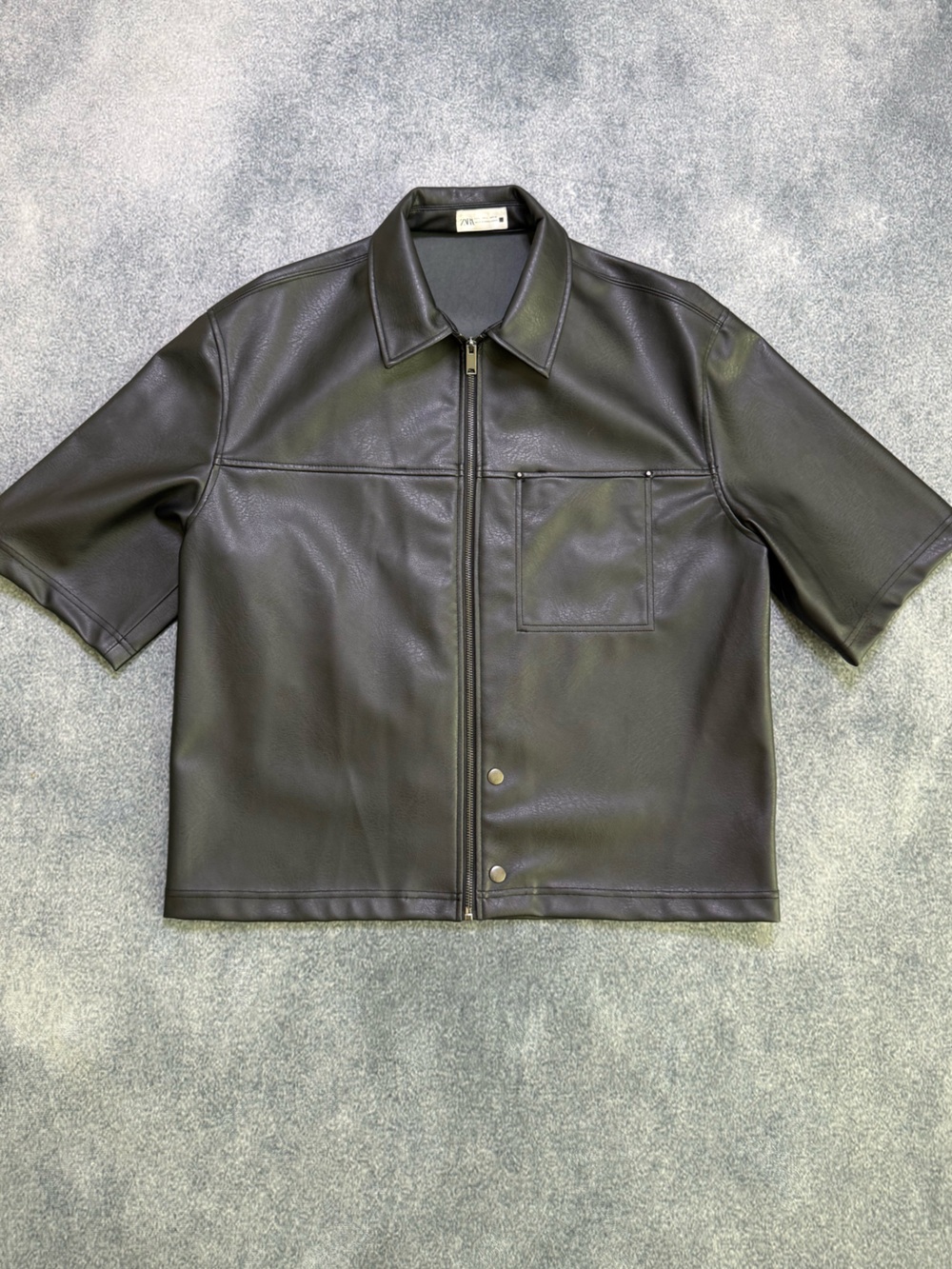 Zara Black Short-Sleeve Faux Leather Shirt Jacket